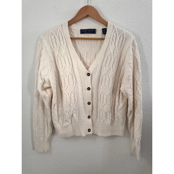 Karen Scott Petites Boxy Cardigan Sz. PL Cream Cable Knit Fisherman‎ Lagenlook - Picture 1 of 10
